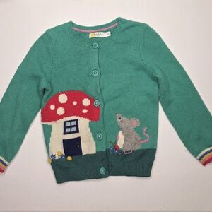 Baby Boden Teal Easter Cardigan with Red Mushroom & Gray Mouse- Size 2/3